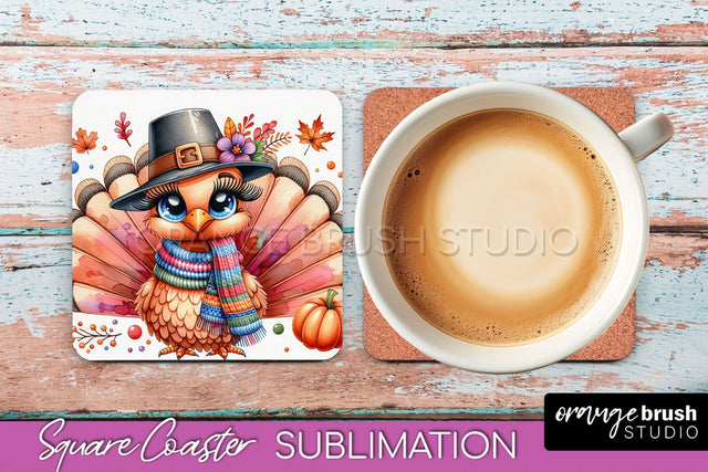 Cute Turkey Square Coaster, Thanksgiving Coaster Sublimation Sublimation OrangeBrushStudio 