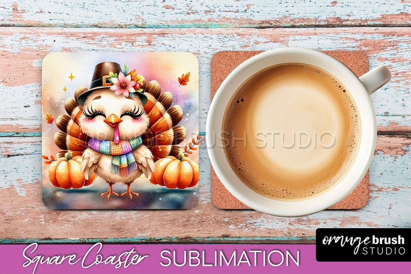 Cute Turkey Square Coaster, Thanksgiving Coaster Sublimation Sublimation OrangeBrushStudio 