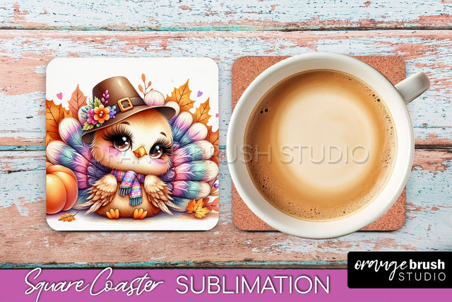Cute Turkey Square Coaster, Thanksgiving Coaster Sublimation Sublimation OrangeBrushStudio 