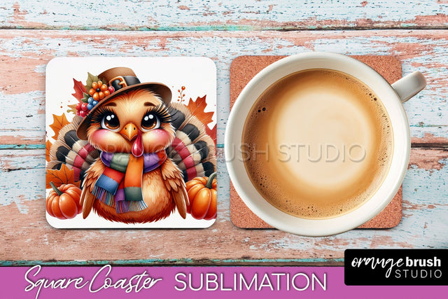 Cute Turkey Square Coaster, Thanksgiving Coaster Sublimation Sublimation OrangeBrushStudio 