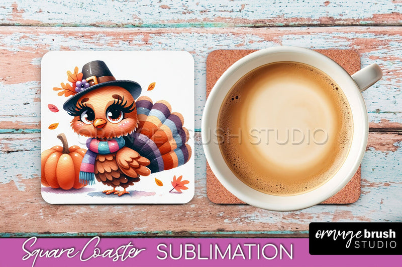 Cute Turkey Square Coaster, Thanksgiving Coaster Sublimation Sublimation OrangeBrushStudio 