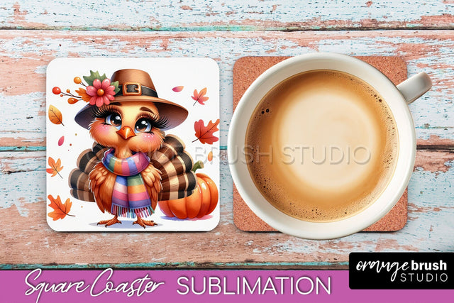 Cute Turkey Square Coaster, Thanksgiving Coaster Sublimation Sublimation OrangeBrushStudio 