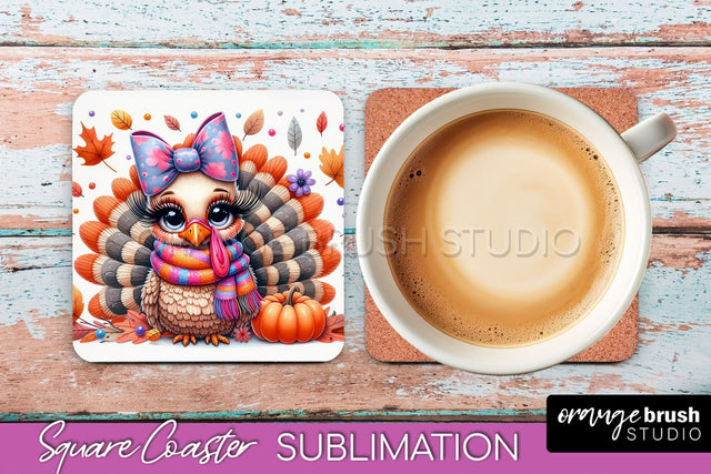 Cute Turkey Square Coaster, Thanksgiving Coaster Sublimation Sublimation OrangeBrushStudio 