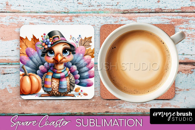 Cute Turkey Square Coaster, Thanksgiving Coaster Sublimation Sublimation OrangeBrushStudio 
