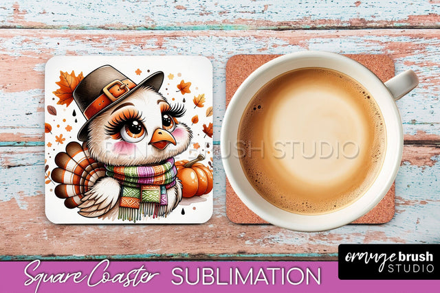 Cute Turkey Square Coaster, Thanksgiving Coaster Sublimation Sublimation OrangeBrushStudio 