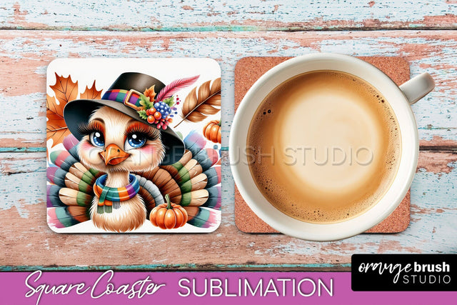 Cute Turkey Square Coaster, Thanksgiving Coaster Sublimation Sublimation OrangeBrushStudio 