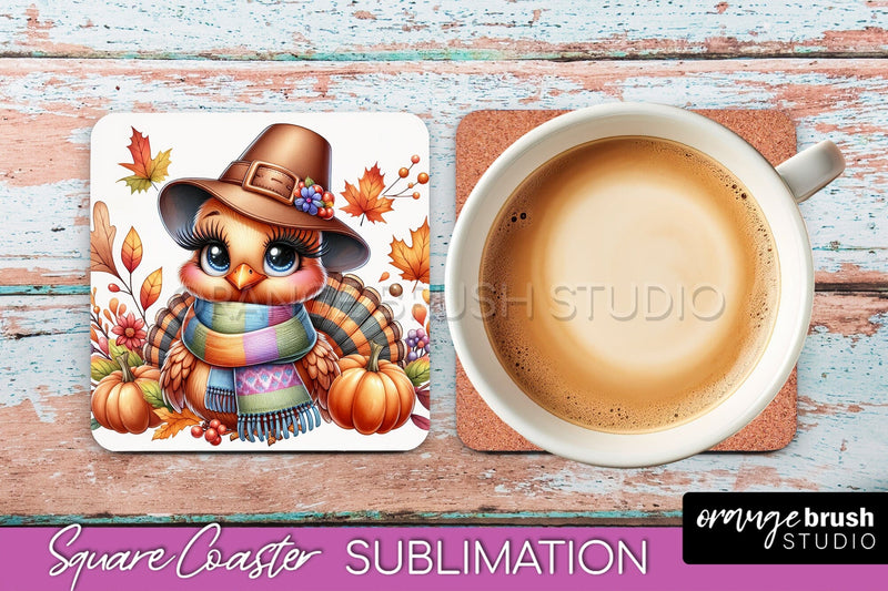 Cute Turkey Square Coaster, Thanksgiving Coaster Sublimation Sublimation OrangeBrushStudio 