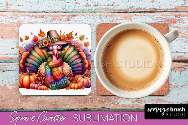Cute Turkey Square Coaster, Thanksgiving Coaster Sublimation Sublimation OrangeBrushStudio 