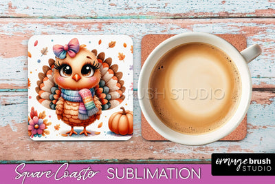 Cute Turkey Square Coaster, Thanksgiving Coaster Sublimation Sublimation OrangeBrushStudio 