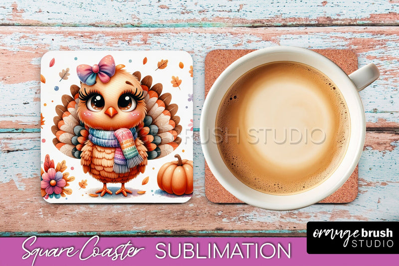 Cute Turkey Square Coaster, Thanksgiving Coaster Sublimation Sublimation OrangeBrushStudio 