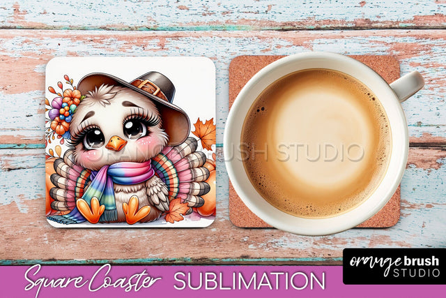 Cute Turkey Square Coaster, Thanksgiving Coaster Sublimation Sublimation OrangeBrushStudio 