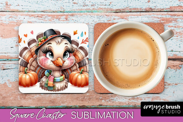 Cute Turkey Square Coaster, Thanksgiving Coaster Sublimation Sublimation OrangeBrushStudio 