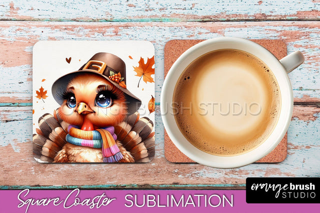 Cute Turkey Square Coaster, Thanksgiving Coaster Sublimation Sublimation OrangeBrushStudio 