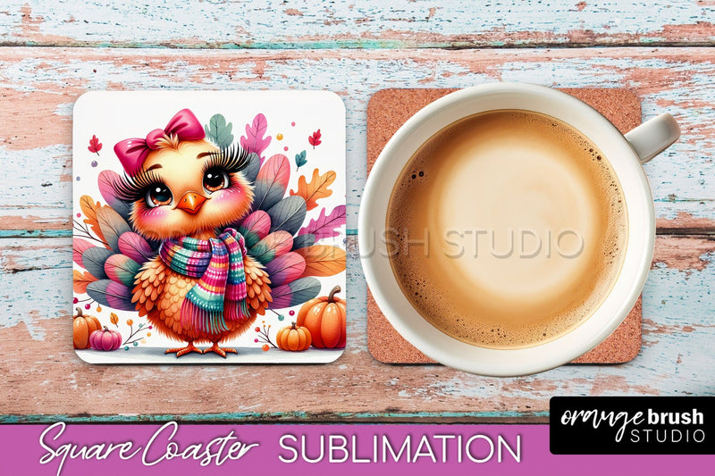 Cute Turkey Square Coaster, Thanksgiving Coaster Sublimation Sublimation OrangeBrushStudio 