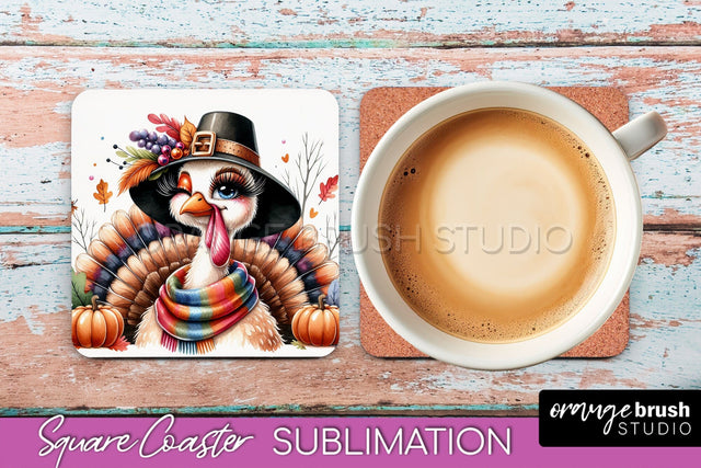 Cute Turkey Square Coaster, Thanksgiving Coaster Sublimation Sublimation OrangeBrushStudio 