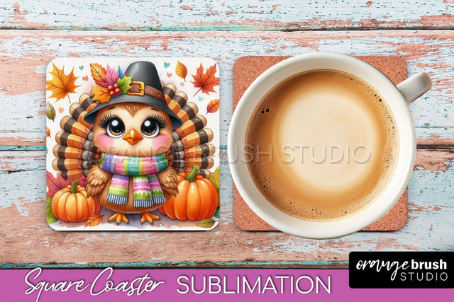 Cute Turkey Square Coaster, Thanksgiving Coaster Sublimation Sublimation OrangeBrushStudio 