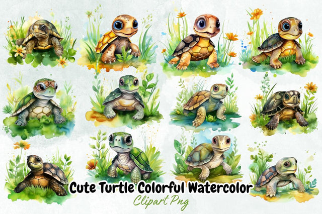 Cute Turtle Colorful Watercolor ClipArt Bundle Sublimation Designangry 