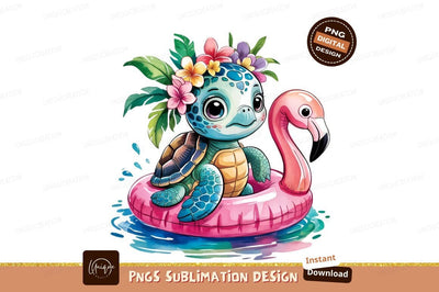 Cute Turtle On Flamingo Float Cartoon Sublimation Designangry 