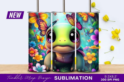 Cute turtle with butterflies and flowers tumbler png Sublimation Regulrcrative 