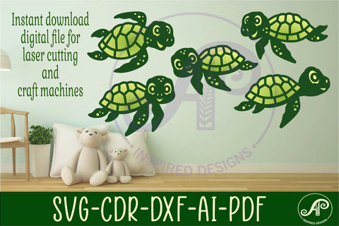 Cute Turtles laser cut file shapes. 5 two layer shapes SVG APInspireddesigns 