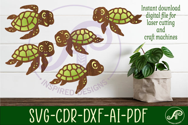 Cute Turtles laser cut file shapes. 5 two layer shapes SVG APInspireddesigns 