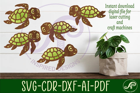 Cute Turtles laser cut file shapes. 5 two layer shapes SVG APInspireddesigns 