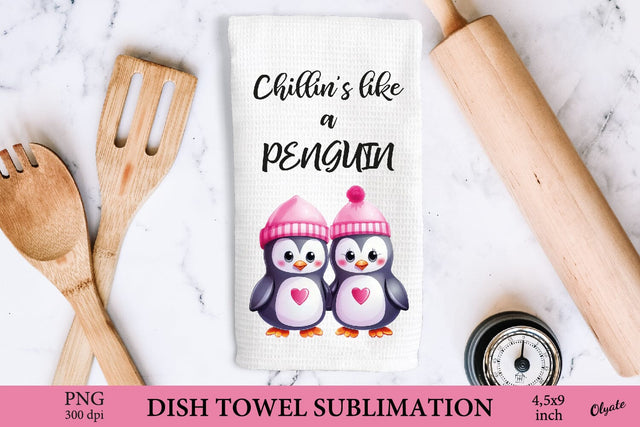 Cute Two Penguin Sublimation PNG. Valentines Dish Towel PNG Sublimation Olga Terlyanskaya 