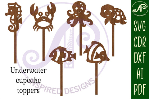 Cute underwater animals cupcake toppers, 6 designs SVG laser SVG APInspireddesigns 
