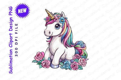 Cute Unicorn Cartoon With Flowers Clipart Png Sublimation Regulrcrative 