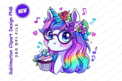 Cute Unicorn Rainbow Mane Holding Cupcake Clipart Png Sublimation Regulrcrative 