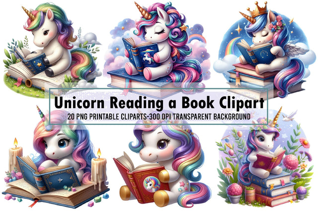 Cute Unicorn Reading a Book Clipart Sublimation designartist 