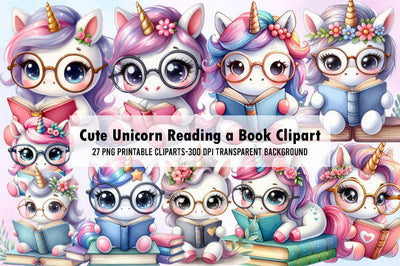 Cute Unicorn Reading a Book Clipart Sublimation Rupkotha 