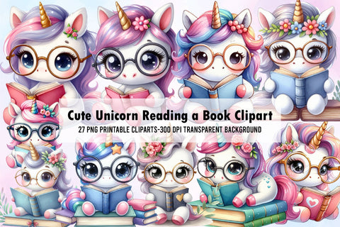 Cute Unicorn Reading a Book Clipart Sublimation Rupkotha 