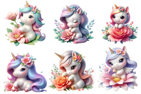 Cute Unicorn with Flowers Clipart Bundle Sublimation designartist 