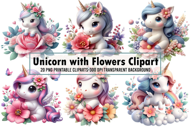 Cute Unicorn with Flowers Clipart Bundle Sublimation designartist 