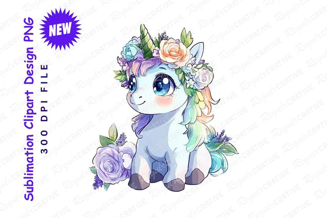 Cute Unicorn With Flowers Clipart Png Sublimation Regulrcrative 