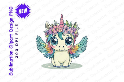 Cute Unicorn With Wings And Flowers Clipart Png Sublimation Regulrcrative 
