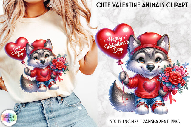 Cute Valentine Animals with Red Flowers and Balloon Sublimation Designs by Ira 