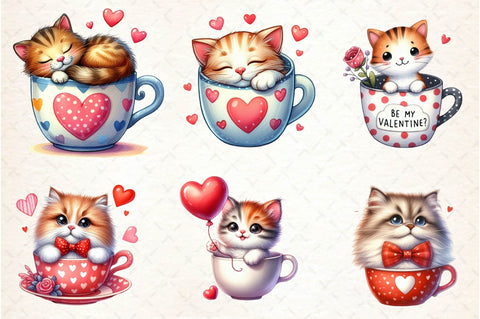 Cute Valentine Cat in Cup Clipart PNG Sublimation designartist 