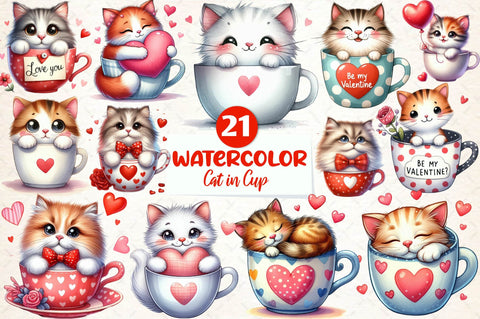 Cute Valentine Cat in Cup Clipart PNG Sublimation designartist 