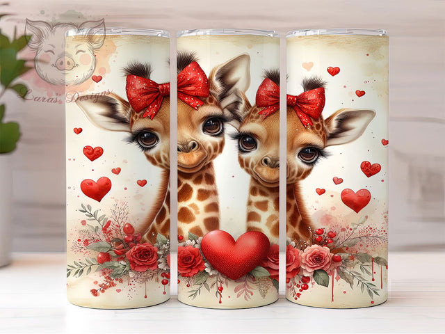 Cute Valentine Giraffe Tumbler, Cute Animal Love Pattern, Romantic Wildlife Design, 20Oz Sublimation Wrap, Adorable Safari Art, Heart Motif Texture, Tumbler Sublimation Sublimation Lara' s Designs 