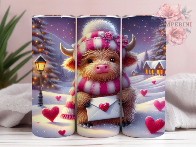 Cute Valentine Highland Cow Tumbler, Baby Cow Valentine Pattern, Rustic Love Design, 20Oz Sublimation Wrap, Cute Cowgirl Art, Country Valentine Texture, Tumbler Sublimation Sublimation Li Zamperini 