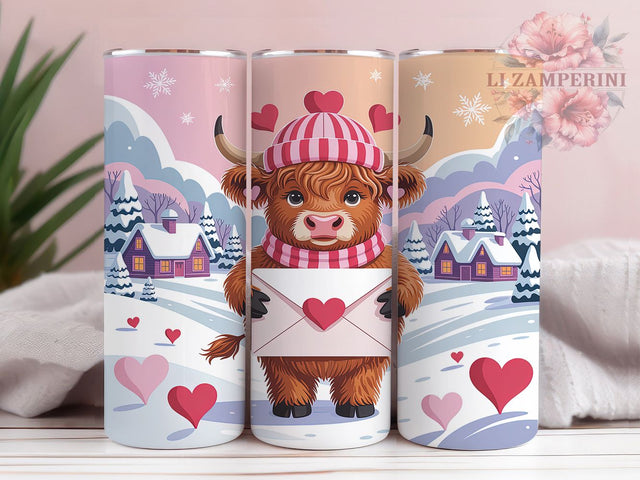Cute Valentine Highland Cow Tumbler, Baby Cow Valentine Pattern, Rustic Love Design, 20Oz Sublimation Wrap, Cute Cowgirl Art, Country Valentine Texture, Tumbler Sublimation Sublimation Li Zamperini 