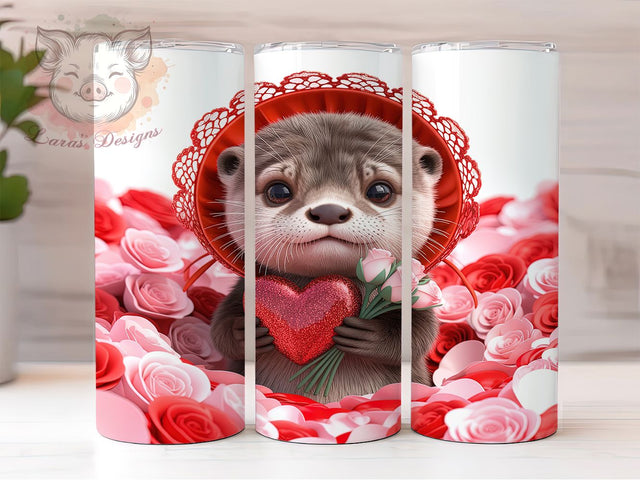 Cute Valentine Otter Tumbler, Cute Animal Love Pattern, Romantic Wildlife Design, 20Oz Sublimation Wrap, Adorable Otter Art, Heart Motif Texture, Tumbler Sublimation Sublimation Lara' s Designs 