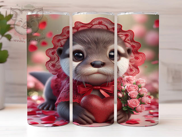 Cute Valentine Otter Tumbler, Cute Animal Love Pattern, Romantic Wildlife Design, 20Oz Sublimation Wrap, Adorable Otter Art, Heart Motif Texture, Tumbler Sublimation Sublimation Lara' s Designs 