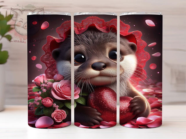 Cute Valentine Otter Tumbler, Cute Animal Love Pattern, Romantic Wildlife Design, 20Oz Sublimation Wrap, Adorable Otter Art, Heart Motif Texture, Tumbler Sublimation Sublimation Lara' s Designs 