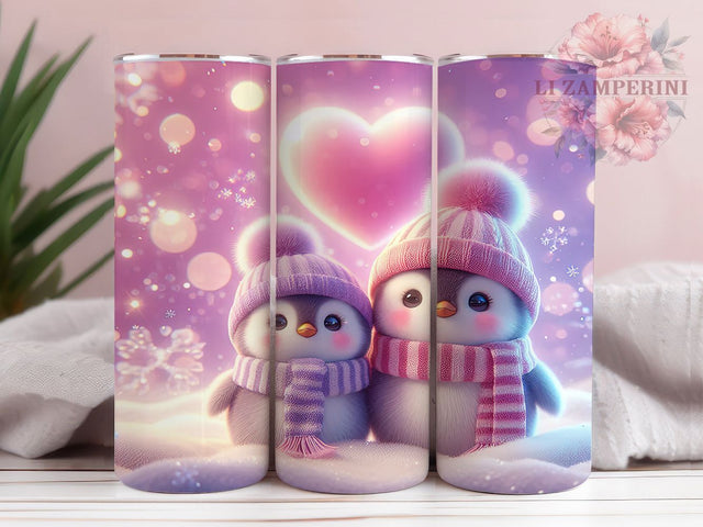 Cute Valentine Penguin Tumbler, Cute Animal Love Pattern, Romantic Winter Design, 20Oz Sublimation Wrap, Adorable Penguin Art, Heart Motif Texture, Tumbler Sublimation Sublimation Li Zamperini 