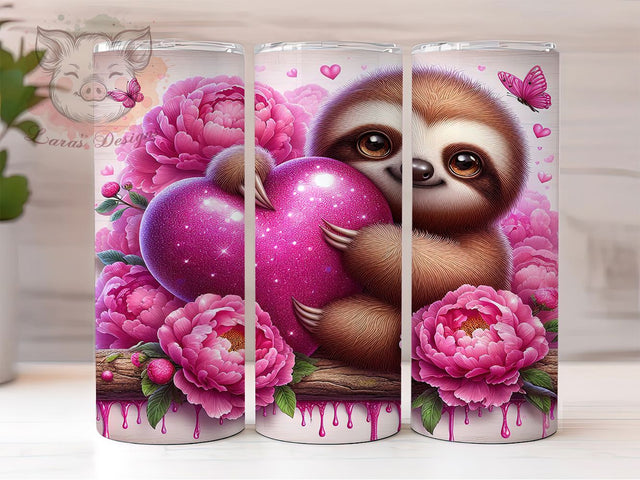 Cute Valentine Sloth Tumbler, Cute Animal Love Pattern, Romantic Sloth Design, 20Oz Sublimation Wrap, Adorable Wildlife Art, Heart Motif Texture, Tumbler Sublimation Sublimation Lara' s Designs 