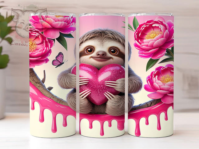 Cute Valentine Sloth Tumbler, Cute Animal Love Pattern, Romantic Sloth Design, 20Oz Sublimation Wrap, Adorable Wildlife Art, Heart Motif Texture, Tumbler Sublimation Sublimation Lara' s Designs 