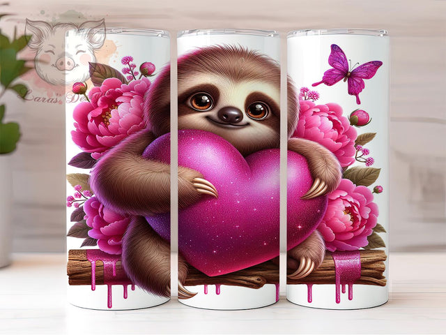 Cute Valentine Sloth Tumbler, Cute Animal Love Pattern, Romantic Sloth Design, 20Oz Sublimation Wrap, Adorable Wildlife Art, Heart Motif Texture, Tumbler Sublimation Sublimation Lara' s Designs 